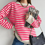 Peneran Autumn Female Drop Shoulder Kintting Long Sleeves Jumpers Topso Neck Vintage Striped Sweater Pullovers For Women Casual Loose