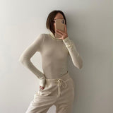 Peneran White Fashion Sheer Top Skinny For Women Casual Pullover Long Sleeve Turtleneck y2k top Solid Streetwear Patchwork Top New
