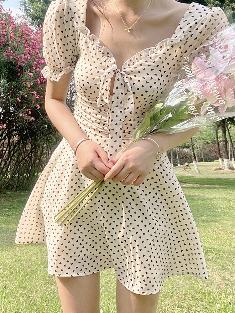 Peneran Sunny Dot Printed Mini Dress Lace Up Bow Frill Pleated Dress Women Fairycore Short Sleeve Cute French Sundress Korean Beach