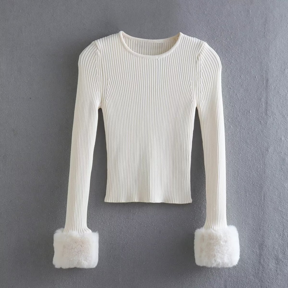 Peneran 2022 New Women's European And American Style Faux Fur Effect Cuff Round Neck Sweater 2488126