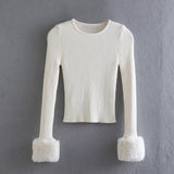 Peneran 2022 New Women's European And American Style Faux Fur Effect Cuff Round Neck Sweater 2488126