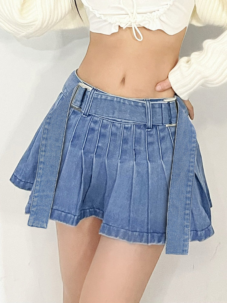 Peneran y2k Pleated Skirts Denim Blue Bandage Mini Skirts Cute Basic Harajuku Aesthetic Korean Outfits Chic Streetwear 90S New