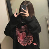 Christmas Gifts Womens Spring Autumn Black Clothing Pullover Top  Oversize Cotton Long Sleeve T-Shirt Harajuku Heart Print Long Sleeve T-Shirt