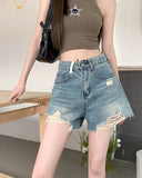 back to school 2023 Denim Shorts Women's Summer Blue Commuter New Vintage Sweet and Spicy S-XL size Perforated Contrast Fleece Wide Leg Hot Pan
