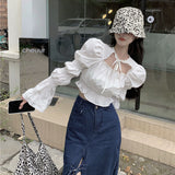 Peneran Sweet Cropped Women Blouses Kpop Vintage Y2k Flare Puff Sleeves Tunic Chic Cute Ruffle Tops Streetwear Korean Fashion