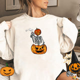 Peneran Pumpkin Skeleton Halloween Crewneck Sweatshirt Funny Pumkin Coffee Retro Halloween Hoodies Women Print Fall Spooky Sweatshirt