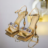 Peneran Fall outfits back to school Gold Silver High Heels Sandals Women 2023 Summer Square Toe Shiny Crystal Sandals Woman Ankle Straps Thin Heel Party Pumps Shoes