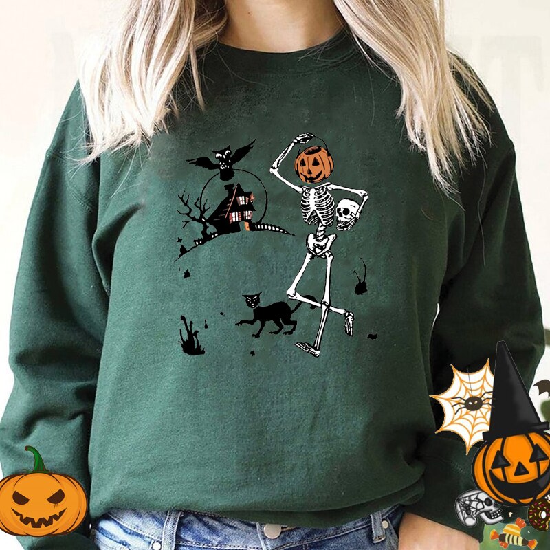 Peneran Dancing Skeletons And Pumpkin Graphic Pullover Hoodie Women Skull Pumpkin Halloween Hoodies Sweatshirt Dance Spooky Clothes