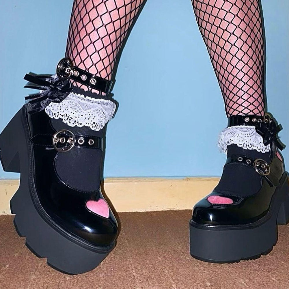 PENERAN 2022 Brand New Sale Block Heels Buckles Heart Platform Black Gothic Girls Cosplay Lolita Mary Janes Pumps Shoes Women