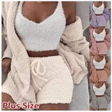 Peneran Autumn Winter 3 Piece Fluffy Outfits Plush Sexy Backless Fleece Pyjamas Women Casual Sports Sweatshirt Home Wear Sets Tracksuit