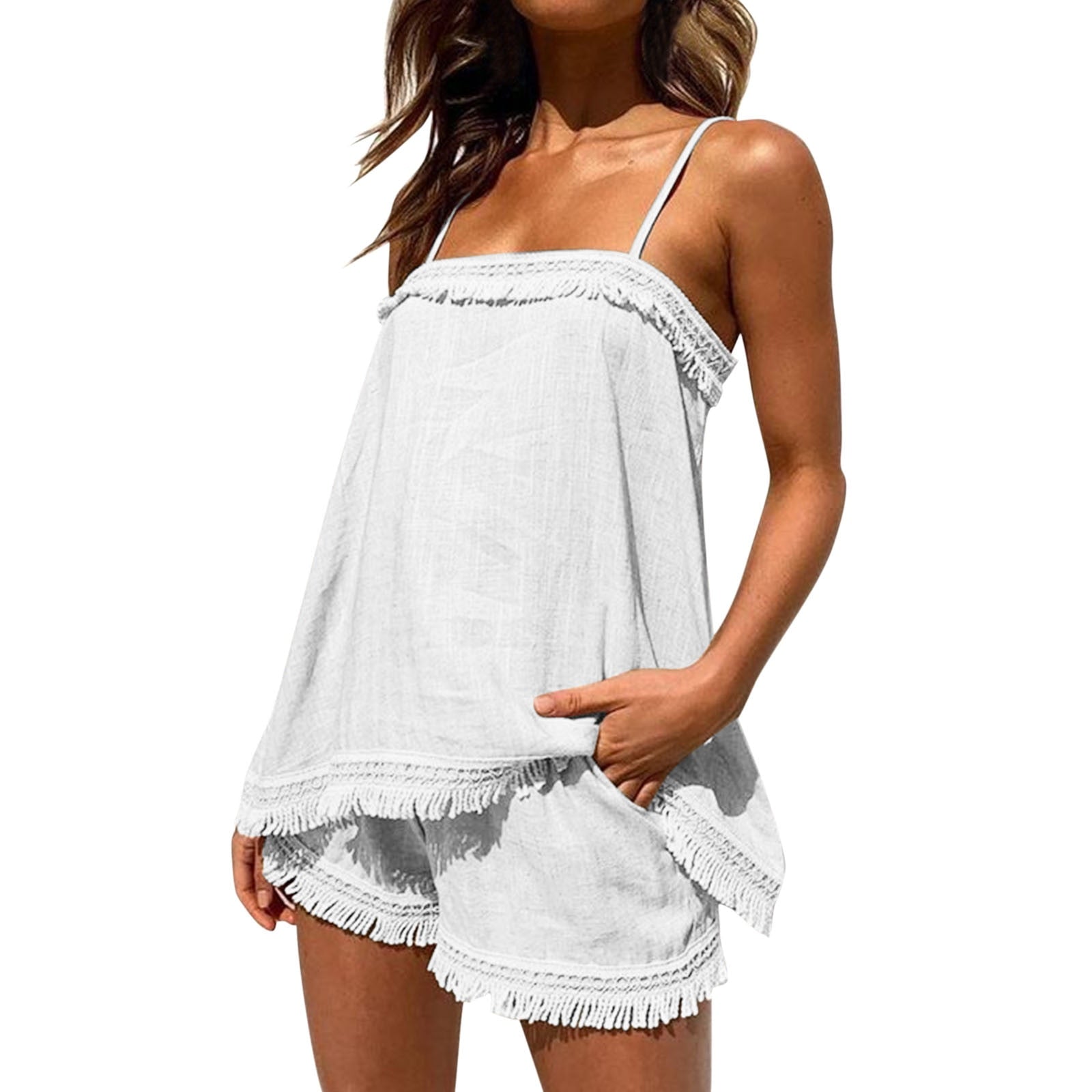 PENERAN Back To School Summer 2 Piece Set Outfits Women Sexy Solid Color Boho Sling Tassel Shorts Sets Ladies Halter Fringe Top Beach Outfits Femme