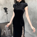 Peneran back to school Vintage Black Bandage Chinese Style Cheongsam High Split Velvet Dress Spring 2023 Retro Long Qipao Gothic Women Aesthetic Dress