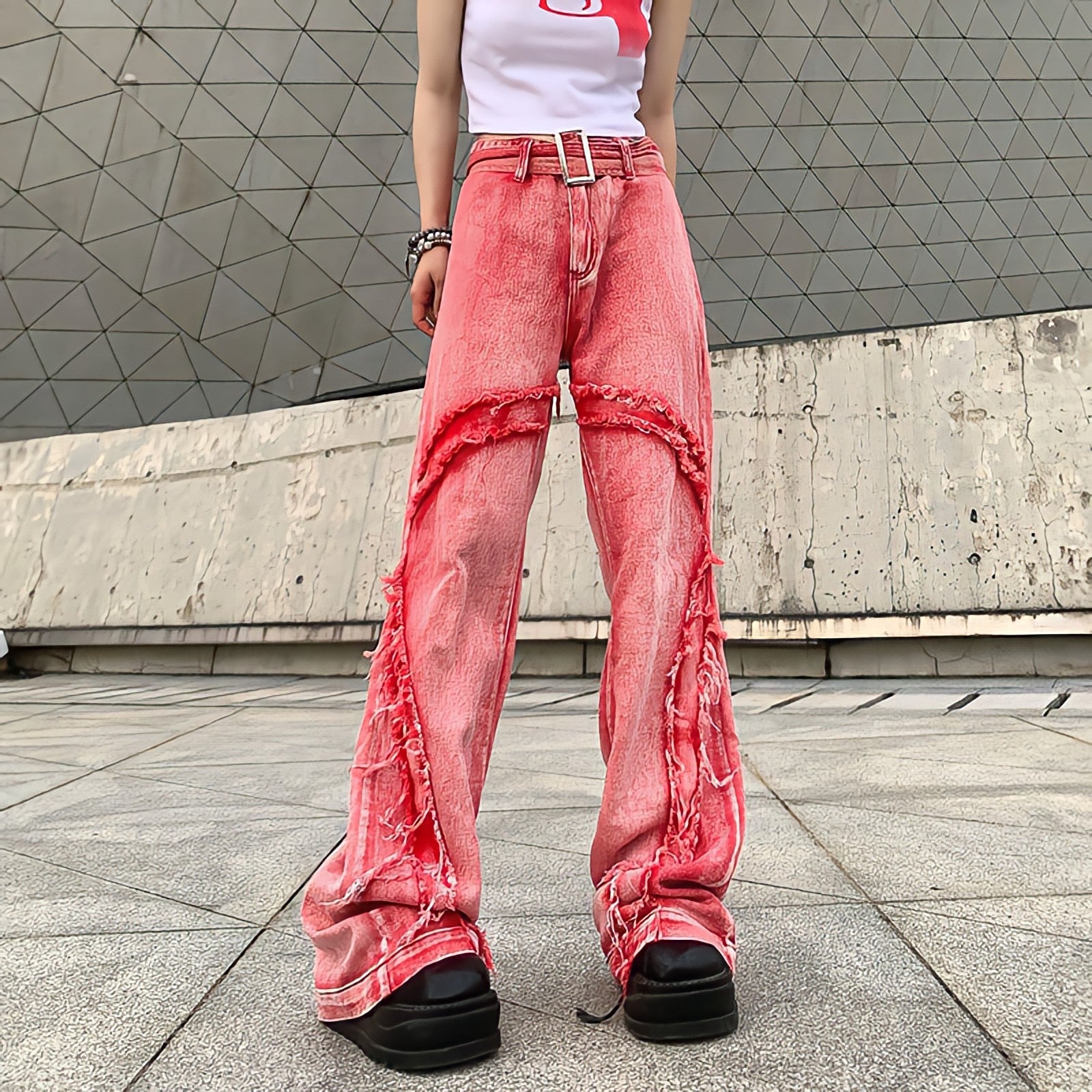 back to school American Style Vintage Washed Raw Edge Fashion High Waist Casual Trousers Wide Leg Jeans Women Y2k Streetwear Baggy Pink Pants