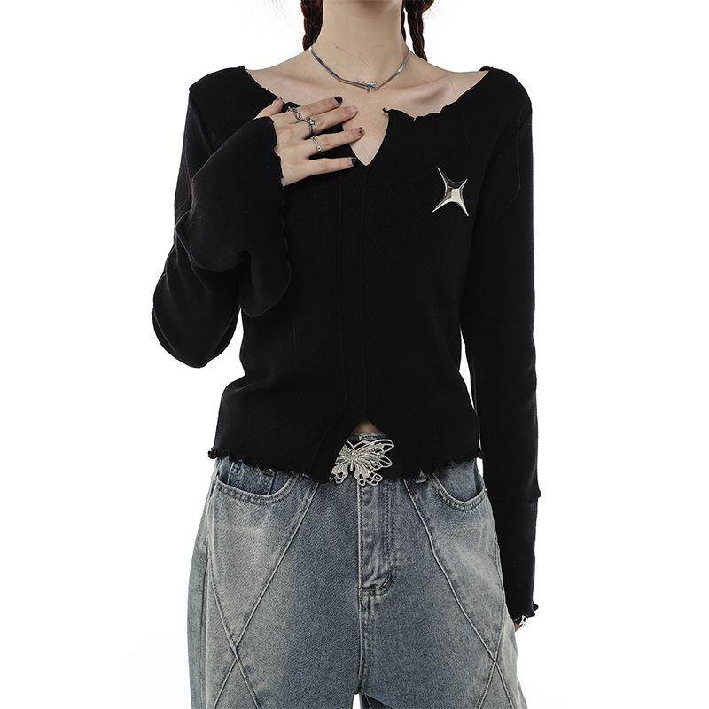 Peneran Back to School Gothic Black Women T-shirts Harajuku Style Grunge Y2k Streetwear Ruffle Tops Female Long Sleeve Tees Korean Fashion