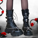 PENERAN Fashionable Trendy Black White Gothic Platform Buckles Chains Punk Rivets Combat Motorcycle Boots Shoes For Women 2022