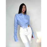 Peneran Women Blouse White Crop Top Korean Streetwear Long Sleeve Tops Sexy Casual Basic Button Up Shirts Female Trendy Fashion