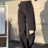 PENERAN Women's Spring And Autumn 2022 New Loose Thin Drape Wide-Leg Mopping Pants Black High-Waist Ripped Straight-Leg Classic Jeans