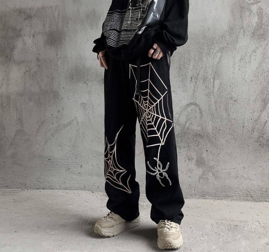 PENERAN American Street Skeleton Hand Bone Printed Black Jeans Men Women Harajuku Hip Hop Retro Washed Straight Leg Pants Wide Leg Pants