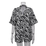PENERAN Fashoin Shorts Set Women Loose Long Sleeve Shirts And Mini Shorts Suit 2022 Summer Elegant Zebra Stripes Print Outfits Clothes