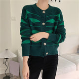 Peneran 2022 Korean Fashion Striped Cardigans Womens O Neck Long Sleeve Green Sweater Autumn Winter Knitwear Streetwear Tops Jacket