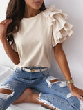 PENERAN 2022 Fashion New Summer Simple Ruffle Short-Sleeved Round Neck Ladies T-Shirt Women's Casual Office Tops Soild Color