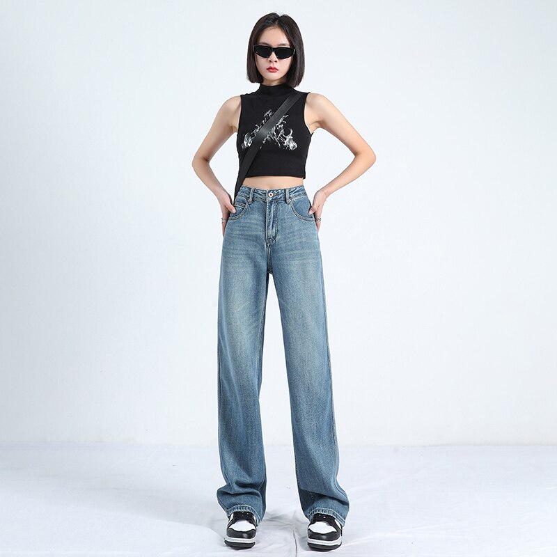 back to school Wide leg jeans women's 2023 summer trousers Baby blue high street new loose high waist draping floor pants