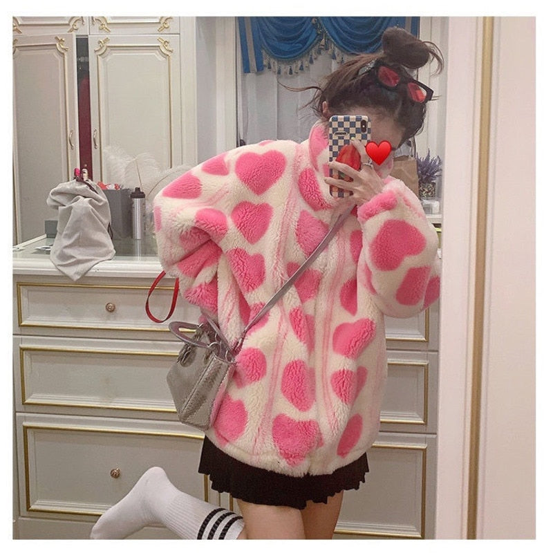 Thanksgiving Day Gifts Pink Heart Women Faux Fur Teddy Jackets Outerwear Female Overcoat Winter Coats Japanese Korean Fashion Kawaii Lambswool Coats