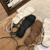 Peneran-Cyber Monday Sales Women Summer Sandals Square Toe Pu Leather Ankle Strap Ladies Flat Beach Shoes 2024 Fashion Rome Cross-Tie Female Sandal