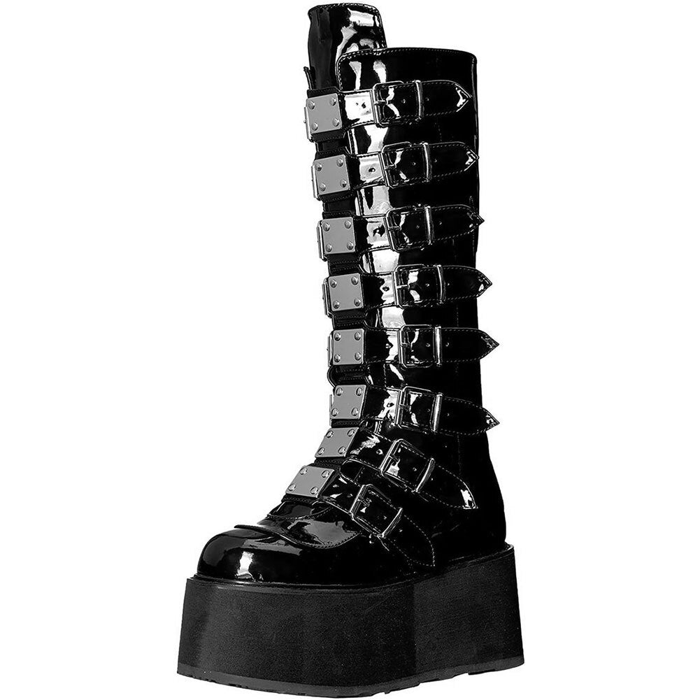 PENERAN Big Size 43 Black Gothic Motorcycle Boots Zip High Heel Punk Rivets Chunky Platform Mid-Calf Women Boots Shoes Women