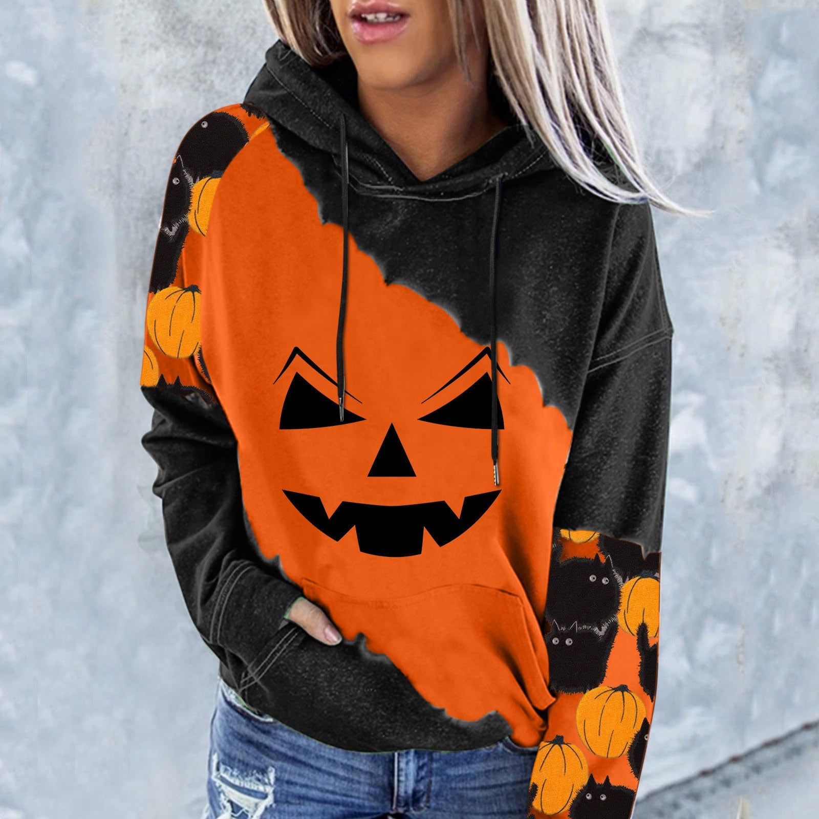 Peneran Halloween Costume Casual Sweatshirts For Womens Pumpkin Face Printing Patchwork Hoodie Halloween Fashion Long Sleeve Casual Drawstring Sweatshirts