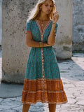 Peneran Vintage Midi Dress Women Summer Short Sleeve V Neck Button Down Retro Sundress Fashion Causal Streetwear Beach Style Long Dress