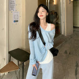 Peneran Back to School Women T-shirts Casual Solid Korean Streetwear Y2k Oversized Long Sleeve T Shirt Female Sexy Off Shoulder Tops Loose Set