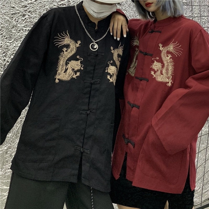 PENERAN Women Clothes Fashion 2022 Harajuku Blouses Women Chinese Style Dragon Shirt Embroidery Cardigan Long Sleeve Tops 2022 Fashion Retro Streetwear Chic