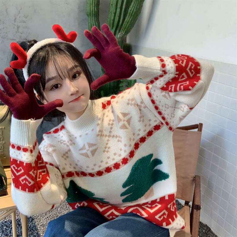 Christmas Gifts Oversized Red Sweaters Loose Thickened Knitted Tops Winter Pullover Knitted Coat Christmas Vintage Women Sweater Tops Christmas