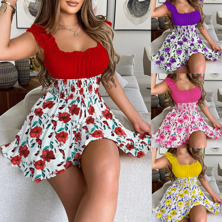 Peneran Women's Fashion Summer Flower Print Contrast Color Waist Slim Round Neck Dress