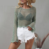 PENERAN White Fishnet Crop Tops Knitted Pullover Women Summer Casual Flare Sleeve Hollow Out Sweater Fashion Jumper 2022