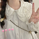 PENERAN Women Clothes Fashion 2022 Kawaii Lace Shirt White Peter Pan Collar Blouses With Lush Sleeve Fall 2022 Korean Lolita Preppy Style Button Up Cute Tops