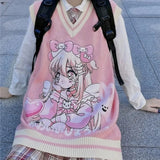 Peneran Women Loose Knitted Vest Sweater Japanese Preppy Sweet Cute V Neck Sleeveless Sweater Female Ulzzang Kawaii Girl Cartoon Tops