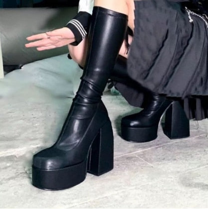 PENERAN Punk Style Autumn Winter Boots Elastic Microfiber Shoes Woman Ankle Boots High Heels Black Leather Boot Platform Botas Femininas