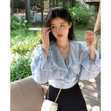 Peneran Sweet Elegant Women Chiffon Blouses Cropped Ruffle Tops Puff Sleeve Shirts Korean Fashion Chic Female Kawaii Lace Up