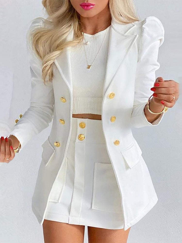 Peneran Graduation gift New Lady Fall Office Solid Color Puff Sleeve Suit + High Waist Button Skirt Two-Piece Set Women Spring Fashion Blazer Commute Outfits mh0423