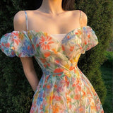 Peneran Summer New Women Dress Mid-length One-shoulder Puff Sleeve Floral Suspender Dress Ladies Clothes1111