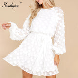 PENERAN Women's Long Puffy Sleeves Stylish Polka Dot White Dress Hollow Out Elegant Party Dress Summer Elegant Ladies Clothes