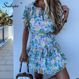 PENERAN Women's Boho Floral Print Summer Dress Elegant Short Sleeve Ruffle Beach Sunderss Sexy V Neck A Line Party Clothing