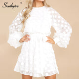 PENERAN Women's Long Puffy Sleeves Stylish Polka Dot White Dress Hollow Out Elegant Party Dress Summer Elegant Ladies Clothes