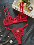 Peneran - Floral Embroidery Lingerie Set, Hollow Out Unlined Bra & Sheer Mesh Thong, Women's Sexy Lingerie & Underwear